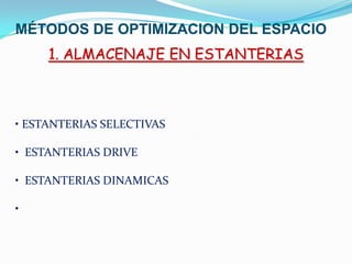 1. ALMACENAJE EN ESTANTERIAS
• ESTANTERIAS SELECTIVAS
• ESTANTERIAS DRIVE
• ESTANTERIAS DINAMICAS
•
MÉTODOS DE OPTIMIZACION DEL ESPACIO
 
