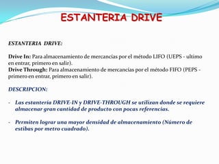 ESTANTERIA DRIVE
ESTANTERIA DRIVE:
Drive In: Para almacenamiento de mercancías por el método LIFO (UEPS - ultimo
en entrar, primero en salir).
Drive Through: Para almacenamiento de mercancías por el método FIFO (PEPS -
primero en entrar, primero en salir).
DESCRIPCION:
- Las estantería DRIVE-IN y DRIVE-THROUGH se utilizan donde se requiere
almacenar gran cantidad de producto con pocas referencias.
- Permiten lograr una mayor densidad de almacenamiento (Número de
estibas por metro cuadrado).
 