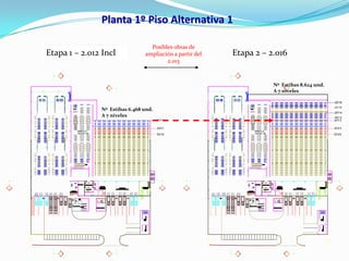 Etapa 1 – 2.012 Incl Etapa 2 – 2.016
Nº Estibas 6.468 und.
A 7 niveles
Nº Estibas 8.624 und.
A 7 niveles
Planta 1º Piso Alternativa 1
Posibles obras de
ampliación a partir del
2.013
 