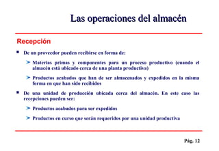 Pág. 12
 De un proveedor pueden recibirse en forma de:
Materias primas y componentes para un proceso productivo (cuando el
almacén está ubicado cerca de una planta productiva)
Productos acabados que han de ser almacenados y expedidos en la misma
forma en que han sido recibidos
 De una unidad de producción ubicada cerca del almacén. En este caso las
recepciones pueden ser:
Productos acabados para ser expedidos
Productos en curso que serán requeridos por una unidad productiva
Recepción
Las operaciones del almacénLas operaciones del almacén
 