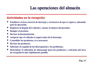 Pág. 13
 Establecer el área correcta de descarga y cerciorarse de que es segura y adecuada
para la operación.
 Registrar la llegada del vehículo y anotar el número del precinto.
 Romper el precinto.
 Revisar la documentación.
 Asegurar que el vehículo es seguro antes de la descarga.
 Consolidar los productos, si es necesario.
 Revisar los productos.
 Informar en seguida de las discrepancias y los problemas.
 Determinar la ubicación de almacenaje para los productos y retirarlos del área
de recepción lo más rápidamente posible.
Actividades en la recepción
Las operaciones del almacénLas operaciones del almacén
 