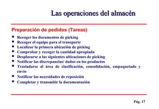 Pág. 17
 Recoger los documentos de picking
 Recoger el equipo para el transporte
 Localizar la primera ubicación de picking
 Comprobar y recoger la cantidad apropiada
 Desplazarse a las siguientes ubicaciones de picking
 Notificar las discrepancias/ daños en los productos
 Trasladarse al área de clasificación, consolidación, empaquetado y
envío
 Notificar las necesidades de reposición
 Completar y transmitir la documentación
Preparación de pedidos (Tareas)
Las operaciones del almacénLas operaciones del almacén
 