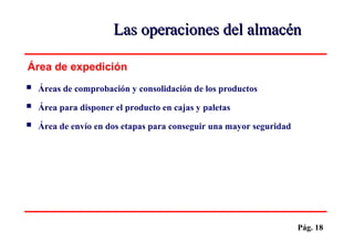 Pág. 18
 Áreas de comprobación y consolidación de los productos
 Área para disponer el producto en cajas y paletas
 Área de envío en dos etapas para conseguir una mayor seguridad
Área de expedición
Las operaciones del almacénLas operaciones del almacén
 