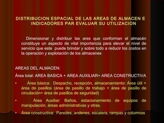 DISTRIBUCION ESPACIAL DE LAS AREAS DE ALMACEN E
INDICADORES PAR EVALUAR SU UTILIZACION
Dimensionar y distribuir las ares que conforman el almacén
constituye un aspecto de vital importancia para elevar el nivel de
servicio que este puede brindar y sobre todo a reducir los costos en
la operación y explotación de los almacenes
AREAS DEL ALMACEN:
Área total: AREA BASICA + AREA AUXILIAR+ AREA CONSTRUCTIVA
• Área básica: Despacho, recepción, almacenamiento: Área útil +
área de pasillos (área de pasillo de trabajo + área de pasillo de
circulación+ área de pasillos de seguridad)
• Área Auxiliar: Baños, estacionamiento de equipos de
manipulación, áreas administrativas y otras.
• Área constructiva: Paredes, andenes, escalera, rampas y columnas
 