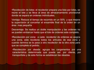 •Recolección de lotes: el recolector prepara una lista por lotes, se
reúne el lote y se lleva al área de almacenamiento provisional
donde se separa en ordenes individuales.
Ventaja: Reduce el tiempo de recorrido en un 50% y que mejora
la supervisión al concertar el ensamble final de la orden en un
área mas pequeña
Desventaja: Se realiza un doble manipulación y las ordenes no
se pueden embarcar hasta que el lote de ordenes este completo.
•Recolección por zona: a cada recolector de ordenes se asigna
una zona, este recolecta todos los artículos de esa zona y
cuando termina se la pasa a otro recolector de la otra zona para
que se complete el pedido.
•Recolección por oleada: agrupa los cargamentos por una
característica determinada que puede ser: por cliente, por
transportista y de esta forma se establecen las oleadas.
 