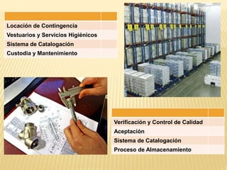 Locación de Contingencia
Vestuarios y Servicios Higiénicos
Sistema de Catalogación
Custodia y Mantenimiento
Verificación y Control de Calidad
Aceptación
Sistema de Catalogación
Proceso de Almacenamiento
 