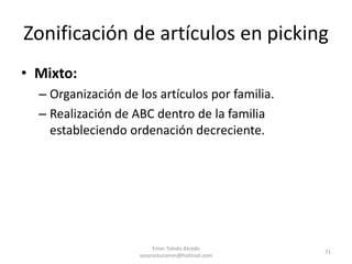 Codificación del almacénOBJETIVO: Señalizar de una manera adecuada, todas las posiciones en las cuales pueda posicionar mercancía dentro del almacén.CRITERIOS:Máxima simplicidad en el proceso de definición de códigoFavorecer la operación que genere un menor tiempo de recorrido de los operarios. ESTRUCTURA DEL CODIGO:ZONA.-Señaliza cada una de las diferentes áreas de trabajo que podemos establecer en el almacén.PASILLO.-Indica las diferentes calles ó pareja de hileras de estantería.POSICION.-Indica el lugar que ocupa el pallet dentro de las escalas que conforman el hueco de la estantería.ALTURA.-Define el nivel que ocupa la mercancía en la estantería de almacenaje.Emer Toledo Alcedo sesarsoluciones@hotmail.com62