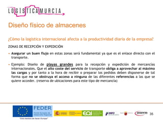 35
Diseño físico de almacenes
¿Cómo la logística internacional afecta a la productividad diaria de la empresa?
ZONAS DE RECEPCIÓN Y EXPEDICIÓN
• Asegurar un buen flujo en estas zonas será fundamental ya que es el enlace directo con el
transporte.
• Ejemplo: Diseño de playas grandes para la recepción y expedición de mercancías
internacionales. Que el alto coste del servicio de transporte obliga a aprovechar al máximo
las cargas y por tanto a la hora de recibir o preparar los pedidos deben disponerse de tal
forma que no se obstruya el acceso a ninguna de las diferentes referencias a las que se
quiere acceder. (reserva de ubicaciones para este tipo de mercancía)
 