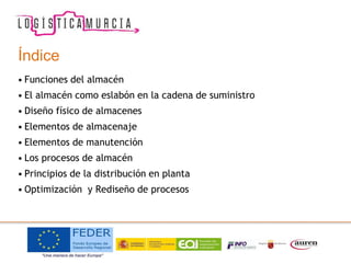 Índice
• Funciones del almacén
• El almacén como eslabón en la cadena de suministro
• Diseño físico de almacenes
• Elementos de almacenaje
• Elementos de manutención
• Los procesos de almacén
• Principios de la distribución en planta
• Optimización y Rediseño de procesos
 