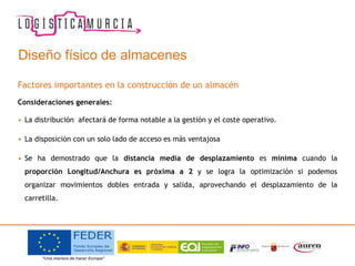 Diseño físico de almacenes
Factores importantes en la construcción de un almacén
Consideraciones generales:
• La distribución afectará de forma notable a la gestión y el coste operativo.
• La disposición con un solo lado de acceso es más ventajosa
• Se ha demostrado que la distancia media de desplazamiento es mínima cuando la
proporción Longitud/Anchura es próxima a 2 y se logra la optimización si podemos
organizar movimientos dobles entrada y salida, aprovechando el desplazamiento de la
carretilla.
 