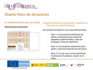 Diseño físico de almacenes
La importancia del Lay-out (Caso)
Redistribución de almacén
Compañía dedicada a la importación, exportación e
innovación de material eléctrico.
Se encuentra dividido en tres naves diferenciadas:
• Nave 1: se encuentran estanterías de
palets y estanterías para productos
pequeños (supermercado), zonas de
embalaje y zona de expedición.
• Nave 2: se encuentran estanterías para
palets y zona de recepción de mercancía.
• Nave 3: En esta nave no hay estanterías.
Se almacena el producto a palet en el
suelo.
 