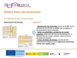 La importancia del Lay-out (Caso)
Redistribución de almacén Objetivos:
• Disminución de recorridos. Entre el 70-80% de las
referencias (A y B) de un pedido son recogidas en
las estanterías mejor ubicadas.
• Mejor accesibilidad a productos de mayor
rotación. Asignación de alturas de picking (0 o 1).
Referencias con mayor rotación, altura 0 (evitar
pérdidas de tiempo) .
• Evitar pérdidas de tiempo. Los dos puntos
anteriores se traducen en la realización de picking
mucho más rápido y ágil.
Diseño físico de almacenes
 