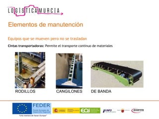 Elementos de manutención
Equipos que se mueven pero no se trasladan
Cintas transportadoras: Permite el transporte continuo de materiales
RODILLOS CANGILONES DE BANDA
 