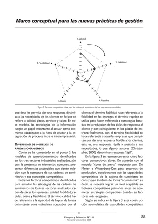 Marco conceptual para las nuevas prácticas de gestión


                                                                   1. Calidad




                   5. Flexibilidad                                                                                2. Fiabilidad




                                             4. Coste                                         4. Rapidez

                    Figura 3: Factores competitivos clave para las cadenas de suministros de los tres sectores estudiados.

que ésta les permita dar una respuesta dinámi-                           cliente; el término fiabilidad hace referencia a la
ca a las necesidades de los clientes en lo que se                        fiabilidad en las entregas; el término rapidez se
refiere a calidad, plazos, servicio y coste. En es-                      utiliza para hacer referencia a estrategias basa-
te modelo, las tecnologías de la información                             das en la reducción de los ciclos de respuesta al
juegan un papel importante al actuar como ele-                           cliente y por consiguiente en los plazos de en-
mento capacitador, a la hora de ayudar a la in-                          trega; finalmente, con el término flexibilidad se
tegración de procesos intra e interempresarial.                          hace referencia a aquellas empresas que compi-
                                                                         ten por dar una respuesta flexible a los clientes,
DIVERSIDAD    DE MODELOS DE                                              esto es, una respuesta rápida y ajustada a sus
APROVISIONAMIENTOS                                                       necesidades, lo que algunos autores (Christo-
   Como se ha comentado en el punto 3, los                               pher, 2000) denominan respuesta “ágil”.
modelos de aprovisionamientos identificados                                  En la figura 3 se representan estos cinco fac-
en los tres sectores industriales analizados, aún                        tores competitivos claves. De acuerdo con el
con la presencia de elementos comunes, pre-                              modelo “cono de arena” propuesto por De
sentan diferencias sustanciales que tienen rela-                         Meyer y Wittenberg-Cox para entornos de
ción con la estructura de sus cadenas de sumi-                           producción, consideramos que las capacidades
nistros y sus estrategias competitivas.                                  competitivas de la cadena de suministro se
   Entre los factores competitivos identificados                         construyen también de forma “acumulativa”, es
para estudiar las estrategias de las cadenas de                          decir, se necesita lograr un nivel aceptable en
suministros de los tres sectores analizados, ca-                         factores competitivos primarios antes de aco-
ben destacar los siguientes: calidad, fiabilidad, ra-                    meter estrategias competitivas basadas en fac-
pidez, coste y flexibilidad. El término calidad ha-                      tores más exigentes.
ce referencia a la capacidad de lograr de forma                              Según se indica en la figura 3, esta construc-
consistente unos estándares aceptados por el                             ción acumulativa de capacidades competitivas


                                                    Compras y Existencias Nº 141                                                  35
                                                      Noviembre-Diciembre 2005
 