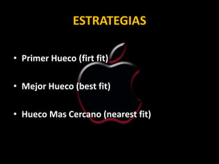 ESTRATEGIAS

• Primer Hueco (firt fit)

• Mejor Hueco (best fit)

• Hueco Mas Cercano (nearest fit)
 