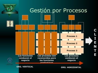 Gestión por Procesos
Las funciones
conducen el
negocio
Los procesos son
reconocidos pero
las funciones
predominan
Proceso 1
Proceso 2
Proceso 3
Los procesos
conducen el
negocio
C
L
I
E
N
T
E
ORG. VERTICAL ORG. HORIZONTAL
 