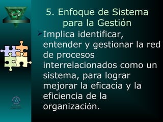 5. Enfoque de Sistema
para la Gestión
Implica identificar,
entender y gestionar la red
de procesos
interrelacionados como un
sistema, para lograr
mejorar la eficacia y la
eficiencia de la
organización.
 