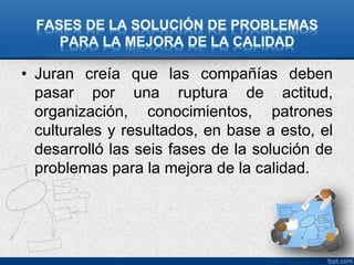 • Juran creía que las compañías deben 
pasar por una ruptura de actitud, 
organización, conocimientos, patrones 
culturales y resultados, en base a esto, el 
desarrolló las seis fases de la solución de 
problemas para la mejora de la calidad. 
 