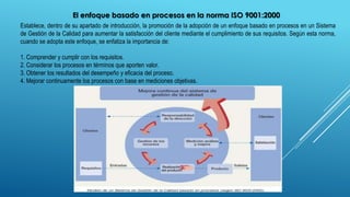 El enfoque basado en procesos en la norma ISO 9001:2000
Establece, dentro de su apartado de introducción, la promoción de la adopción de un enfoque basado en procesos en un Sistema
de Gestión de la Calidad para aumentar la satisfacción del cliente mediante el cumplimiento de sus requisitos. Según esta norma,
cuando se adopta este enfoque, se enfatiza la importancia de:
1. Comprender y cumplir con los requisitos.
2. Considerar los procesos en términos que aporten valor.
3. Obtener los resultados del desempeño y eficacia del proceso.
4. Mejorar continuamente los procesos con base en mediciones objetivas.
 