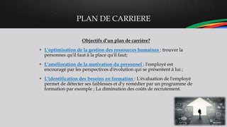 PLAN DE CARRIERE
Objectifs d’un plan de carrière?
 L'optimisation de la gestion des ressources humaines : trouver la
personnes qu'il faut à la place qu'il faut;
 L'amélioration de la motivation du personnel : l'employé est
encouragé par les perspectives d'évolution qui se présentent à lui ;
 L'identification des besoins en formation : L'évaluation de l'employé
permet de détecter ses faiblesses et d'y remédier par un programme de
formation par exemple ; La diminution des coûts de recrutement.
 