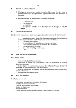 19

I-         Objectif du suivi du chantier

           1. Il faut pointer lavancement des travaux au fur et à mesure et mettre à jour le
              planning d’exécution puis prévoir les approvisionnements des matériaux et
              matériels.

           2. Ensuite comparer les réalisations aux prvisions, tant pour :

                  -  La main d’œuvre ;
                  -  Les matériaux ;
                  -  Le matériel ;
                  - Que pour les recettes et les dépenses afin de dégager un résultat
                  positif

II-        Documents nécessaires

Les douments nécessaires à l’action du responsable de l’opération et du chantier sont :

              -      toutes les adresses utiles : fournisseurs de matériaux, fournisseurs de
              matériels ; coordonnées des tâcherons, des services techniques ;
              -      Les rapports journaliers ;
              -      Le carnet de bon de réception pour les commandes ;
              -      Les barèmes du personnel, du matériel, des fournitures ;
              -      Les déclarations d’accident ;
              -      Une petite bibliothèque technique ;
              -      …etc.


III-       Suivi des heures consommées

Pour chaque phase :

           - analyser le budget d’heures allouées ;
           - déterminer et vérifier par comparaison avec le prévisionnel le nombre
           d’ouvriers nécessaire ;
           - lancer l’équipe en établissant chaque jour des fiches techniques de travavil
           journalier (si possible les établir avec les ouvriers) ;
           - analyser chaque jour le résultats : pourcentage d’avancement et comparaison
           avec le prévisionnel ;
           - réagir en fonction des résultatas.

IV-        Suivi des matériaux

Il s’effectue comme suit :

       -   commander les matériaux en fonction des besions ;
       -   contrôler les entrées « chantier » ;
       -   contrôler les quantités consommées ;
       -   étudier les dépenses ;
       -   établir les factures ;
       -   comparer les dépenses par rapport à l’état d’avancement du chantier.
 