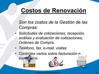 Costos de Renovación
Son los costos de la Gestión de las
Compras:
• Solicitudes de cotizaciones; recepción,
análisis y evaluación de cotizaciones;
Ordenes de Compra.
• Teléfono, fax, e-mail, visitas
• Controles varios sobre facturación e
inventarios.
100www.corporacionsesar.com
 
