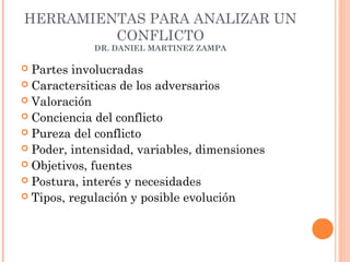 HERRAMIENTAS PARA ANALIZAR UN
         CONFLICTO
            DR. DANIEL MARTINEZ ZAMPA

 Partes involucradas
 Caractersiticas de los adversarios
 Valoración
 Conciencia del conflicto
 Pureza del conflicto
 Poder, intensidad, variables, dimensiones
 Objetivos, fuentes
 Postura, interés y necesidades
 Tipos, regulación y posible evolución
 