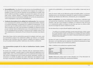 4. Desestabilización. Una situación de crisis provoca una desestabilización en to-
dos los procesos comunicativos. Las relaciones de la empresa con su entorno se
modifican. Si antes de la crisis las relaciones con los periodistas era cordial, cuan-
do ésta estalla los periodistas se agolpan a las puertas de la empresa, de la que pre-
tende extraer “noticias calientes” e intentarán obtenerla de la manera que sea.
Consecuencia de ello, los instrumentos habituales del servicio de comunicación se
vuelven inapropiados, lo que provoca desestabilización.
5. Tendencia descendente de la calidad de la información. Esta característi-
ca es consecuencia de la anterior. Los medios de comunicación tienden a disputar-
se la primicia informativa, en detrimento de la calidad de la información. Lo cual
quiere decir que los medios pueden cometer errores ya que, en ocasiones, al consi-
derar la primicia como valor, suele descuidarse la fiabilidad. No disponen de tiem-
po para controlar todas las informaciones que se les proporcionan en ese momen-
to, ni la autentificación de sus fuentes, lo cual provoca que cualquier rumor se con-
vierta rápidamente en información. El uso de Internet ha acentuado estas situacio-
nes.
Hasta ahora hemos visto las características generales de cualquier crisis3 pero, ¿exis-
ten características propias de las instituciones públicas que inducen a un aumento
del riesgo de que se produzca una crisis, respecto a cualquier otra empresa u organis-
mo, por su propia naturaleza política? Analicemos esta cuestión a continuación.
Las características propias de la crisis en instituciones locales, ayunta-
mientos
En nuestro caso, el interés lo vamos a depositar sobre las corporaciones locales o
ayuntamientos españoles. A grandes rasgos no existen diferencias significativas en el
ámbito político, salvo el de la proximidad. Es decir, una institución local siempre será
más cercana al ciudadano que una de carácter provincial, autonómico, nacional o in-
ternacional. A un alcalde sus públicos (los cuales, definiremos más adelante) le exigi-
rán mayor cercanía que al presidente del gobierno. Por tanto, esto influirá en la per-
cepción de los stakeholders y, en consecuencia, en las medidas a tomar ante una cri-
sis.
Antes de conocer cuáles son las diferencias propias del ámbito político, es necesario
manifestar que no nos detendremos demasiado en explicar los motivos sociológicos y
culturales que alientan estas diferencias, estrictamente, por su complejidad:4
Mayor escepticismo. Los actores (instituciones, organizaciones o individuos) polí-
ticos generan más escepticismo y desconfianza de los públicos a la hora de transmitir
mensajes y más aun si esos mensajes se trasladan a un contexto de crisis. Por lo tan-
to, la comunicación política en tiempos de crisis tiene que hacer un esfuerzo doble
para dar una imagen de control y solución de la crisis.
En esta misma línea se expresa Ronald Inglehart (1998, pág. 392):
En febrero de 2008, la consultora de comunicación Edelman publicó el estudio Trust
Barometer, en el cual afirma que las empresas y los medios de comunicación en Espa-
ña generan más confianza que las instituciones públicas.
Tabla 1. Confianza en las instituciones españolas (2008)
Organismo Porcentaje. Total de menciones
ONG 51%
Empresas 49%
Medios de comunicación 46%
Instituciones públicas 37%
Fuente: Elaboración propia según los datos obtenidos por el Trust Barometer de
febrero de 2008 de la Consultora de comunicación Edelman.
126
“Los públicos de las sociedades industriales avanzadas democráticamente, estables y próspe-
ras, no muestran niveles más altos de satisfacción con sus sistemas políticos que los públicos
de los países autoritarios y pobres; muy al contrario, por asombroso que parezca, muestran
significativamente menos confianza en sus líderes e instituciones políticas que sus iguales en
los países en vías de desarrollo”.
 