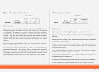 Figura 3 Matriz de ganancia Teoría de Juegos.
! ! ! ! ! ! Sospechoso 1
Confiesa No Confiesa
Confiesa -5, -5 -0.5,-7
Sospechoso 2 No confiesa -7, -0.5 -1, -1
Elaboración propia.
¿Cómo resolver este Juego?, ¿cuáles son las "Estrategias Racionales" de los dos sospe-
chosos para minimizar su condena? En un caso de la vida real, cada prisionero ten-
dría la duda de si su compañero va a confesar o no y el proceso mental para llegar a
su mejor opción sería más o menos así: “Si mi compañero confiesa y yo no, entonces
yo pasaré 7 años en la cárcel y el sólo medio año, pero si yo confieso sólo estaré 5
años ¿cómo se que él no ha confesado ya?” “¿Y si él no confiesa y yo tampoco? enton-
ces estaré un año preso. Pero si sólo yo confieso saldré libre en medio año….es mejor
confesar”.
Shirley Harrison nos da un ejemplo de primer nivel de uso de la teoría de juegos en
un caso de eventual crisis:
“Un periodista puede obtener información que podría dañar considerablemente la
reputación de una empresa si fuera revelada, pero si la publicara podría aumentar de
igual manera la reputación del periodista. La pérdida de la empresa A es la ganancia
del periodista B. En concreto, la publicación por parte del New York times de los in-
formes del pentágono puede considerarse un juego de suma cero. (2002, pág. 51).
Podríamos graficar la situación así:
! ! ! ! ! ! Periodista
Publica No se publica
Publica -1, 1 1, -1
Empresa No se publica 1, -1 1, -1
Un Recetario
Algunos expertos recomiendan seguir las siguientes reglas ante una crisis:
Hay que mantener la situación bajo control y proteger primero la vida y después la
propiedad.9
Sea ético, no mienta, eso sólo acarrea mayores problemas; sin embargo, tampoco im-
provise, apóyese en profesionales.
Nombre un vocero y capacítelo, en el entendido de que un alto rango no implica que
se pueda ser un buen vocero. Si es necesario también capacite a un experto técnico
para hablar con los medios.
Piense en las necesidades particulares de cada medio: audios para radio, imágenes
para TV, tablas y fotografías para prensa e internet.
Detenga los rumores al interior de la organización de inmediato, recuerde que los em-
pleados son nuestros voceros al exterior.
No olvide las redes sociales, omitirlas podría tener un alto costo para la organización.
No actúe de manera precipitada pues puede crear una crisis o agravar la existente.
76
 