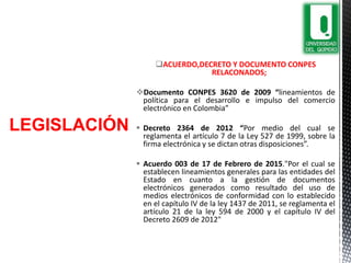 ACUERDO,DECRETO Y DOCUMENTO CONPES
RELACONADOS;
Documento CONPES 3620 de 2009 “lineamientos de
política para el desarrollo e impulso del comercio
electrónico en Colombia”
 Decreto 2364 de 2012 “Por medio del cual se
reglamenta el artículo 7 de la Ley 527 de 1999, sobre la
firma electrónica y se dictan otras disposiciones”.
 Acuerdo 003 de 17 de Febrero de 2015."Por el cual se
establecen lineamientos generales para las entidades del
Estado en cuanto a la gestión de documentos
electrónicos generados como resultado del uso de
medios electrónicos de conformidad con lo establecido
en el capítulo IV de la ley 1437 de 2011, se reglamenta el
artículo 21 de la ley 594 de 2000 y el capítulo IV del
Decreto 2609 de 2012"
LEGISLACIÓN
 