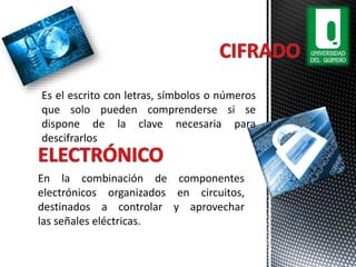 Es el escrito con letras, símbolos o números
que solo pueden comprenderse si se
dispone de la clave necesaria para
descifrarlos
En la combinación de componentes
electrónicos organizados en circuitos,
destinados a controlar y aprovechar
las señales eléctricas.
 