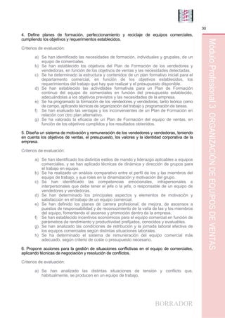 BORRADOR
30
MóduloProfesional3ORGANIZACIÓNDEEQUIPOSDEVENTAS
4. Define planes de formación, perfeccionamiento y reciclaje de equipos comerciales,
cumpliendo los objetivos y requerimientos establecidos.
Criterios de evaluación:
a) Se han identificado las necesidades de formación, individuales y grupales, de un
equipo de comerciales.
b) Se han establecido los objetivos del Plan de Formación de los vendedores y
vendedoras, en función de los objetivos de ventas y las necesidades detectadas.
c) Se ha determinado la estructura y contenidos de un plan formativo inicial para el
departamento comercial, en función de los objetivos establecidos, los
requerimientos del trabajo que hay que realizar y el presupuesto disponible.
d) Se han establecido las actividades formativas para un Plan de Formación
continuo del equipo de comerciales en función del presupuesto establecido,
adecuándolas a los objetivos previstos y las necesidades de la empresa.
e) Se ha programado la formación de los vendedores y vendedoras, tanto teórica como
de campo, aplicando técnicas de organización del trabajo y programación de tareas.
f) Se han evaluado las ventajas y los inconvenientes de un Plan de Formación en
relación con otro plan alternativo.
g) Se ha valorado la eficacia de un Plan de Formación del equipo de ventas, en
función de los objetivos cumplidos y los resultados obtenidos.
5. Diseña un sistema de motivación y remuneración de los vendedores y vendedoras, teniendo
en cuenta los objetivos de ventas, el presupuesto, los valores y la identidad corporativa de la
empresa.
Criterios de evaluación:
a) Se han identificado los distintos estilos de mando y liderazgo aplicables a equipos
comerciales, y se han aplicado técnicas de dinámica y dirección de grupos para
el trabajo en equipo.
b) Se ha realizado un análisis comparativo entre el perfil de los y las miembros del
equipo de trabajo, y sus roles en la dinamización y motivación del grupo.
c) Se han identificado las competencias emocionales, intrapersonales e
interpersonales que debe tener el jefe o la jefa, o responsable de un equipo de
vendedores y vendedoras.
d) Se han determinado los principales aspectos y elementos de motivación y
satisfacción en el trabajo de un equipo comercial.
e) Se han definido los planes de carrera profesional, de mejora, de ascensos a
puestos de responsabilidad y de reconocimiento de la valía de las y los miembros
del equipo, fomentando el ascenso y promoción dentro de la empresa.
f) Se han establecido incentivos económicos para el equipo comercial en función de
parámetros de rendimiento y productividad prefijados, conocidos y evaluables.
g) Se han analizado las condiciones de retribución y la jornada laboral efectiva de
los equipos comerciales según distintas situaciones laborales.
h) Se ha determinado el sistema de remuneración del equipo comercial más
adecuado, según criterio de coste o presupuesto necesario.
6. Propone acciones para la gestión de situaciones conflictivas en el equipo de comerciales,
aplicando técnicas de negociación y resolución de conflictos.
Criterios de evaluación:
a) Se han analizado las distintas situaciones de tensión y conflicto que,
habitualmente, se producen en un equipo de trabajo.
 