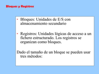 Bloques: Unidades de E/S con almacenamiento secundario Registros: Unidades lógicas de acceso a un fichero estructurado. Los registros se organizan como bloques. Dado el tamaño de un bloque se pueden usar tres métodos: Bloques y Registros 