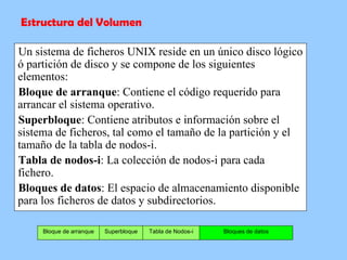Bloque de arranque Superbloque Tabla de Nodos-i Bloques de datos Un sistema de ficheros UNIX reside en un único disco lógico ó partición de disco y se compone de los siguientes elementos: Bloque de arranque : Contiene el código requerido para arrancar el sistema operativo. Superbloque : Contiene atributos e información sobre el sistema de ficheros, tal como el tamaño de la partición y el tamaño de la tabla de nodos-i. Tabla de nodos-i : La colección de nodos-i para cada fichero. Bloques de datos : El espacio de almacenamiento disponible para los ficheros de datos y subdirectorios. Estructura del Volumen 