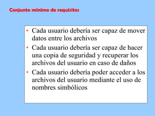 Cada usuario debería ser capaz de mover datos entre los archivos Cada usuario debería ser capaz de hacer una copia de seguridad y recuperar los archivos del usuario en caso de daños  Cada usuario debería poder acceder a los archivos del usuario mediante el uso de nombres simbólicos  Conjunto mínimo de requisitos 