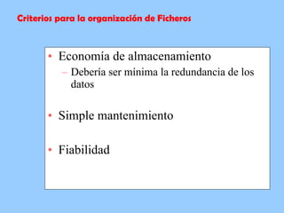 Economía de almacenamiento  Debería ser mínima la redundancia de los datos  Simple mantenimiento  Fiabilidad  Criterios para la organización de Ficheros 