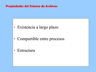 Existencia a largo plazo Compartible entre procesos Estructura Propiedades del Sistema de Archivos 