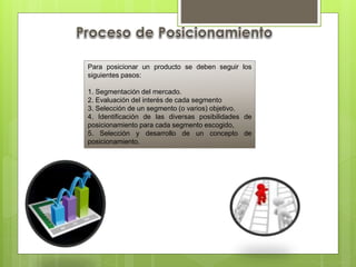 Para posicionar un producto se deben seguir los
siguientes pasos:
1. Segmentación del mercado.
2. Evaluación del interés de cada segmento
3. Selección de un segmento (o varios) objetivo.
4. Identificación de las diversas posibilidades de
posicionamiento para cada segmento escogido,
5. Selección y desarrollo de un concepto de
posicionamiento.
 