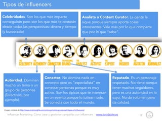 Influencer Marketing: Cómo crear y gestionar campañas con influencers - www.davidsoler.es
Tipos de influencers
17
Celebridades. Son los que más impacto
conseguirán pero son los que más te costarán
desde todas las perspectivas: dinero y tiempo
(y burocracia)
Autoridad. Dominan
mucho un tema o un
grupo de personas
(Directivos, por
ejemplo).
Conector. No domina nada en
concreto pero es “especialista” en
conectar personas porque es muy
activo. Son los típicos que te interesan
en un evento porque lo tuitean todo.
Se conecta con todo el mundo.
Reputado. Es un personaje
respetado. No tiene porque
tener muchos seguidores,
pero es una autoridad en lo
suyo. No da volumen pero
da calidad.
Imagen cortesía de http://www.smartinsights.com/online-pr/online-pr-outreach/types-of-influencers/
Analista o Content Curator. La gente le
sigue porque siempre aporta cosas
interesantes. Vale más por lo que comparte
que por lo que “sabe”.
 