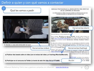 Influencer Marketing: Cómo crear y gestionar campañas con influencers - www.davidsoler.es
Definir a quien y con qué vamos a contactar
41
Qué les vamos a pedir
2
Acción
Herramientas (vídeo) Herramientas (hashtag)
Herramientas (claim)
 