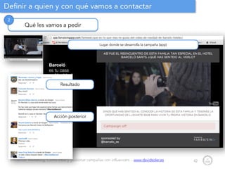 Influencer Marketing: Cómo crear y gestionar campañas con influencers - www.davidsoler.es
Definir a quien y con qué vamos a contactar
42
Qué les vamos a pedir
2
Lugar donde se desarrolla la campaña (app)
Resultado
Acción posterior
 