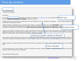 Influencer Marketing: Cómo crear y gestionar campañas con influencers - www.davidsoler.es
Toma de contacto
50
De qué se trata
Quien soy
Cierre motivador
Cosas que ayuden a decidir al influencer
 