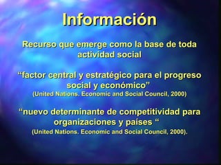InformaciónInformación
Recurso que emerge como la base de todaRecurso que emerge como la base de toda
actividad socialactividad social
““factor central y estratégico para el progresofactor central y estratégico para el progreso
social y económico”social y económico”
((United Nations. Economic and Social CouncilUnited Nations. Economic and Social Council, 2000, 2000))
““nuevo determinante de competitividadnuevo determinante de competitividad parapara
organizaciones y paísesorganizaciones y países ““
((United Nations. Economic and Social Council, 2000).United Nations. Economic and Social Council, 2000).
 