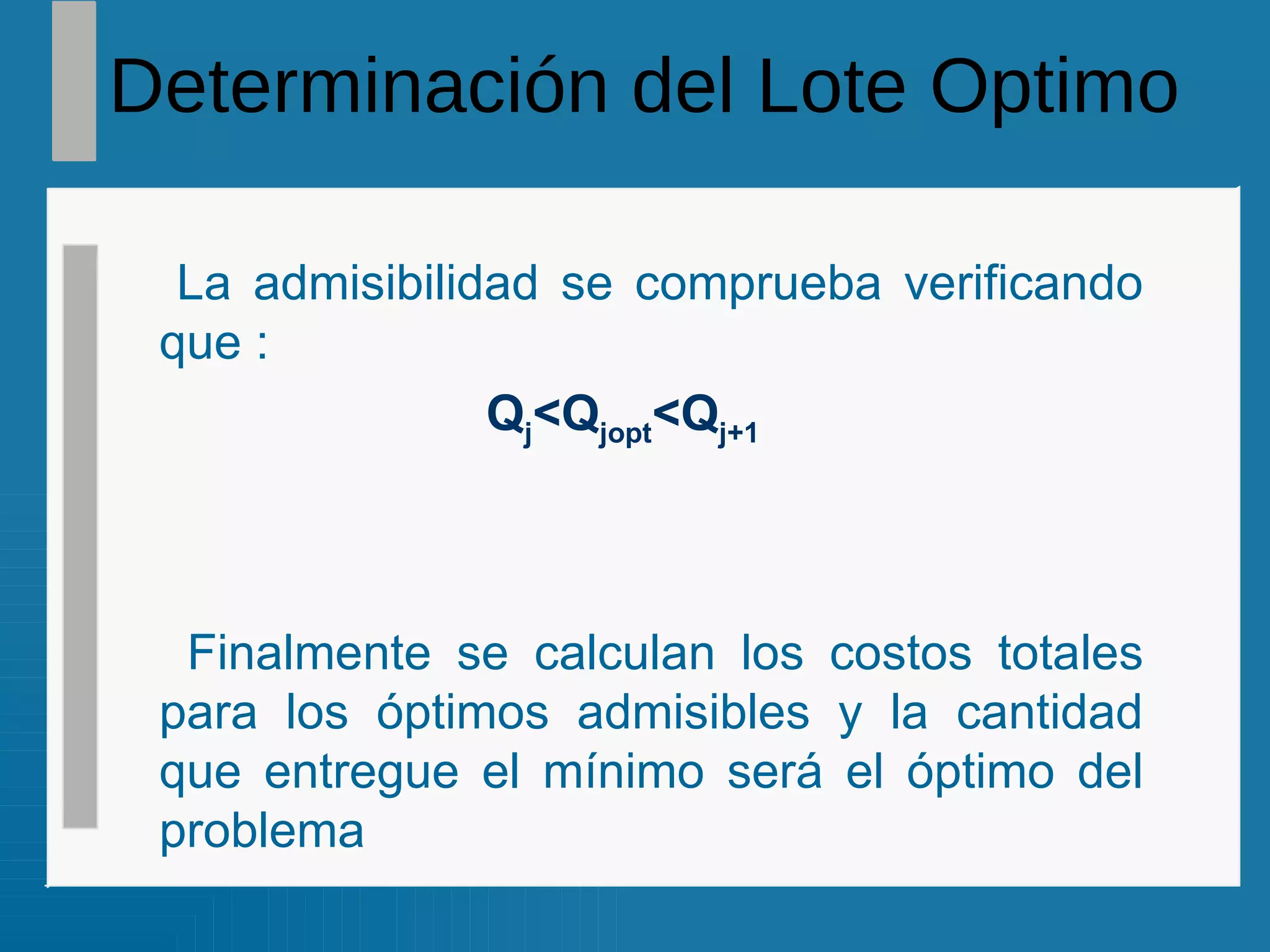 Determinación del Lote Optimo La admisibilidad se comprueba verificando que :   Q j <Q jopt <Q j+1 Finalmente se calculan los costos totales para los óptimos admisibles y la cantidad que entregue el mínimo será el óptimo del problema 