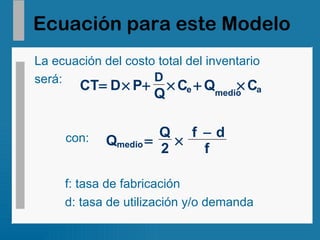 Ecuación para este Modelo La ecuación del costo total del inventario será: con: f: tasa de fabricación d: tasa de utilización y/o demanda D CT D P Q C Q C e medio a       Q Q f d f medio    2 