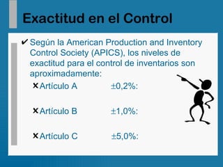 Exactitud en el Control Según la American Production and Inventory Control Society (APICS), los niveles de exactitud para el control de inventarios son aproximadamente: Artículo A   0,2%: Artículo B   1,0%: Artículo C   5,0%: 