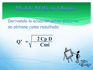 2Cp DQ’=CmiModelo EOQ sin faltantesDerivando la ecuación antes descrita se obtiene como resultado: