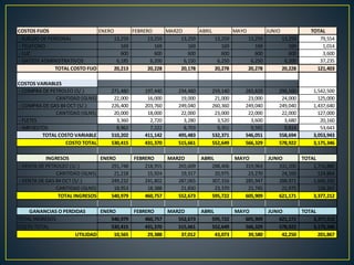 COSTOS FIJOS ENERO FEBRERO MARZO ABRIL MAYO JUNIO TOTAL
- SUELDO DE PERSONAL 13,259 13,259 13,259 13,259 13,259 13,259 79,554
- TELEFONO 169 169 169 169 169 169 1,014
- LUZ 600 600 600 600 600 600 3,600
- GASTOS ADMINISTRATIVOS 6,185 6,200 6,150 6,250 6,250 6,200 37,235
TOTAL COSTO FIJO 20,213 20,228 20,178 20,278 20,278 20,228 121,403
COSTOS VARIABLES
- COMPRA DE PETROLEO (S/.) 271,480 197,440 234,460 259,140 283,820 296,160 1,542,500
CANTIDAD (GLNS) 22,000 16,000 19,000 21,000 23,000 24,000 125,000
- COMPRA DE GAS 84 OCT (S/.) 226,400 203,760 249,040 260,360 249,040 249,040 1,437,640
CANTIDAD (GLNS) 20,000 18,000 22,000 23,000 22,000 22,000 127,000
- FLETES 3,360 2,720 3,280 3,520 3,600 3,680 20,160
- IMPUESTOS 8,962 7,222 8,703 9,351 9,591 9,814 53,643
TOTAL COSTO VARIABLE 510,202 411,142 495,483 532,371 546,051 558,694 3,053,943
COSTO TOTAL 530,415 431,370 515,661 552,649 566,329 578,922 3,175,346
INGRESOS ENERO FEBRERO MARZO ABRIL MAYO JUNIO TOTAL
- VENTA DE PETROLEO (S/.) 291,748 218,955 265,609 288,406 319,963 332,200 1,716,880
CANTIDAD (GLNS) 21,218 15,924 19,317 20,975 23,270 24,160 124,864
- VENTA DE GAS 84 OCT (S/.) 249,232 241,802 287,065 307,316 285,947 288,971 1,660,332
CANTIDAD (GLNS) 18,953 18,388 21,830 23,370 21,745 21,975 126,261
TOTAL INGRESOS 540,979 460,757 552,673 595,722 605,909 621,171 3,377,212
GANANCIAS O PERDIDAS ENERO FEBRERO MARZO ABRIL MAYO JUNIO TOTAL
TOTAL INGRESOS 540,979 460,757 552,673 595,722 605,909 621,171 3,377,212
COSTO TOTAL 530,415 431,370 515,661 552,649 566,329 578,922 3,175,346
UTILIDAD 10,565 29,388 37,012 43,073 39,580 42,250 201,867
 