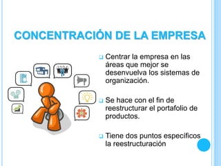  Centrar la empresa en las
áreas que mejor se
desenvuelva los sistemas de
organización.
 Se hace con el fin de
reestructurar el portafolio de
productos.
 Tiene dos puntos específicos
la reestructuración
CONCENTRACIÓN DE LA EMPRESA
 