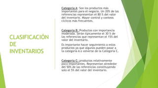 CLASIFICACIÓN
DE
INVENTARIOS
Categoría A: Son los productos más
importantes para el negocio. Un 20% de las
referencias representan el 80 % del valor
del inventario. Mayor control y conteos
cíclicos más frecuentes.
Categoría B: Productos con importancia
moderada. Serán típicamente el 30 % de
las referencias que representan el 15% del
valor del inventario.
Es importante hacer seguimiento a estos
productos ya que algunos pueden pasar a
la categoría A o volverse de la Categoría C.
Categoria C: productos relativamente
poco importantes. Representan alrededor
del 50% de las referencias constituyendo
solo el 5% del valor del inventario.
 